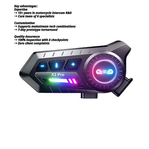 Motorcycle helmet walkie-talkie, 1000mAh battery, 30 hours of talk time, noise reduction, IP67 waterproof, dual device connection.
