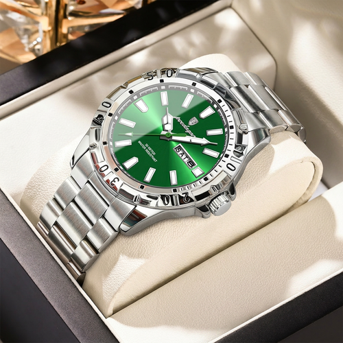 Silver case, green dial, steel strap, waterproof, stylish new men's watch with super strong luminescence.