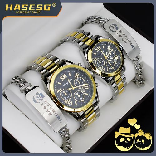 Couple's wristwatch set with stainless steel strap, gift box, men's and women's wristwatches
