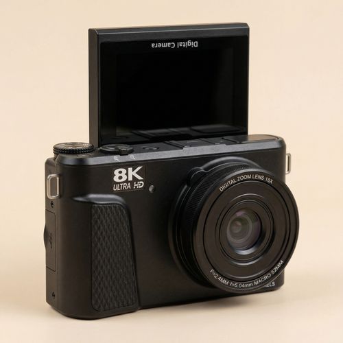8K mirrorless digital camera with high resolution, flip screen, WiFi connectivity, and the ability to upload data to mobile phone cameras.