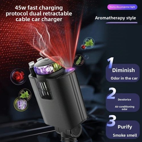 Car air freshener charger with low temperature super fast charging, built-in retractable cable, starry sky roof car air freshener