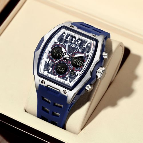 Multifunctional, stylish, sporty silver-cased blue-dial skeletonized luminous waterproof men's watch