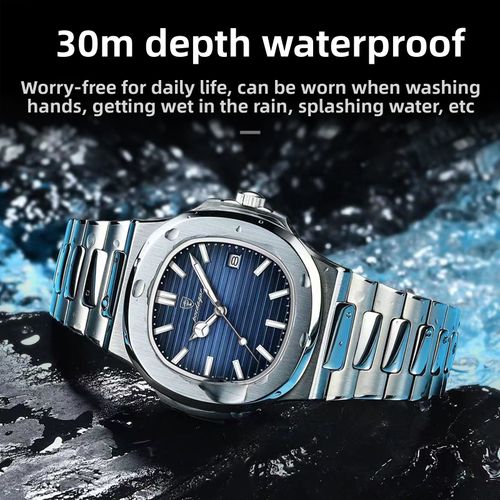 Silver case, blue dial, steel strap, Swiss brand, waterproof, luminous, new men's watch, ultra-thin quartz watch.