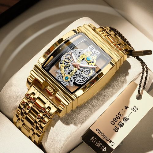 Stylish motorcycle gear-shaped skeleton tourbillon genuine leather men's watch, personalized waterproof luminous.