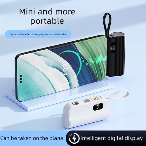 Mini digital display pocket power bank with built-in stand, flight-approved