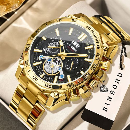 BINBOND Luminous Trendy Student Watch Men's Tourbillon Gift Steel Band Three-Eye Six-Hand Decorative Watch