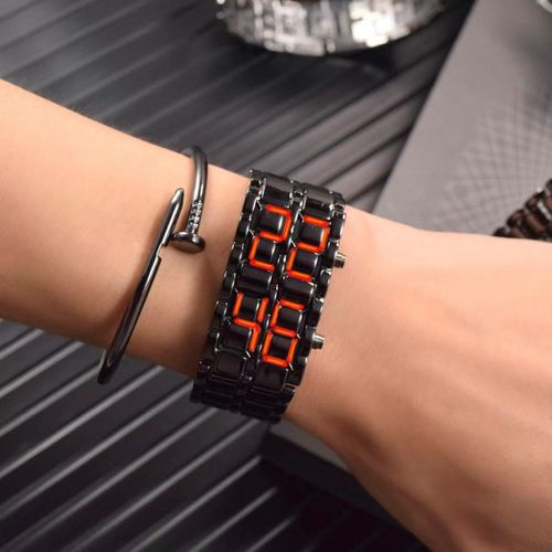Fashion Mens Digital Lava Wrist Watch Men Black Full Metal Red Blue LED Display Watches Gifts for Male Boy Sport Creative Clock