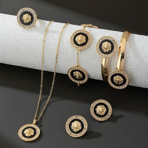 Lion head diamond pendant necklace, bracelet, earrings, ring, trendy and unique jewelry set