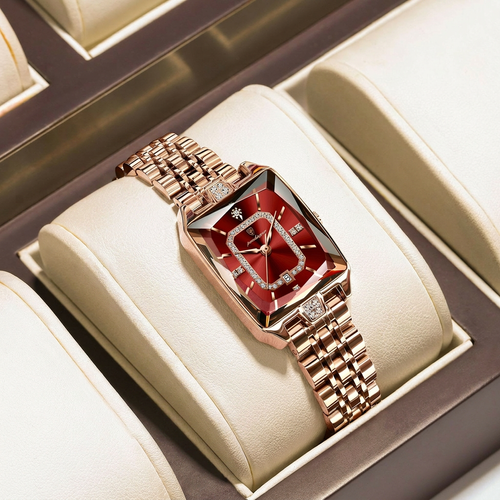 New luxury waterproof and stylish women's watch with rose gold and burgundy steel strap.
