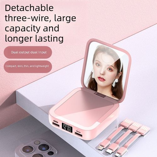 Creative power bank with mirror, popular dual-use power bank for makeup and 3C products, comes with built-in cable.