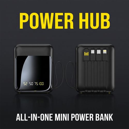 Portable Square Power Bank Mirror Display and 4 Cables Black Travel Charger