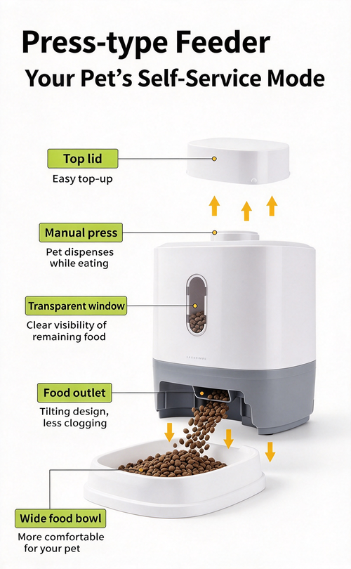 1.5L Press Operated Pet Feeder, Interactive Food Dispenser for Dogs & Cats