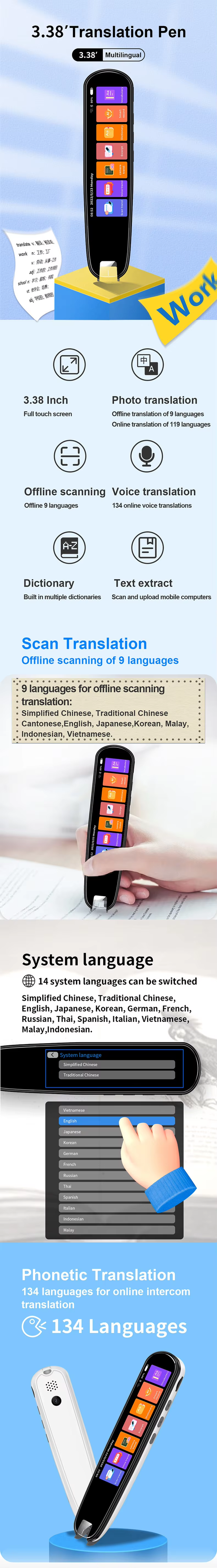 Hot Selling MD04 Touch Screen 134 Language Voice AI Translator Pen and Scan Translator Device Equipment