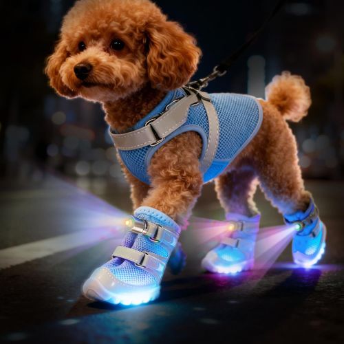 LED Light Up Non-Slip Dog Shoes, Waterproof Pet Boots with LED Lights for Night Walking 2 Pack = 1 Pair of Front Feet