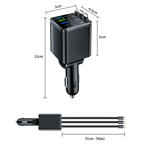 Fast Charging 7-in-1 Retractable Fast Car Charger with Voltage Display – USB-C For Android&Lighting For APPLE