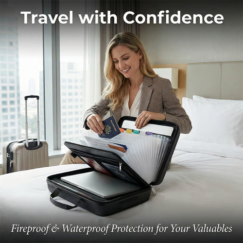 🔐 Hard-Shell Fireproof & Waterproof Document Organizer with Lock