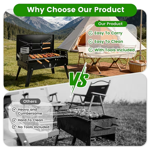 Portable Folding Charcoal Grill – Stainless Steel, Quick Setup, Easy Clean