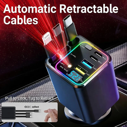 Fast Charging 7-in-1 Retractable Fast Car Charger with Voltage Display – USB-C For Android&Lighting For APPLE