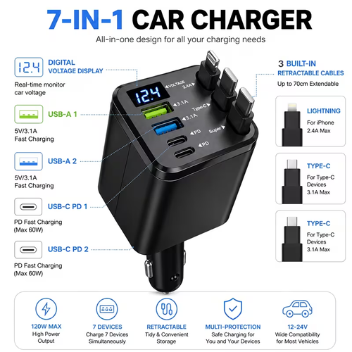 Fast Charging 7-in-1 Retractable Fast Car Charger with Voltage Display – USB-C For Android&Lighting For APPLE