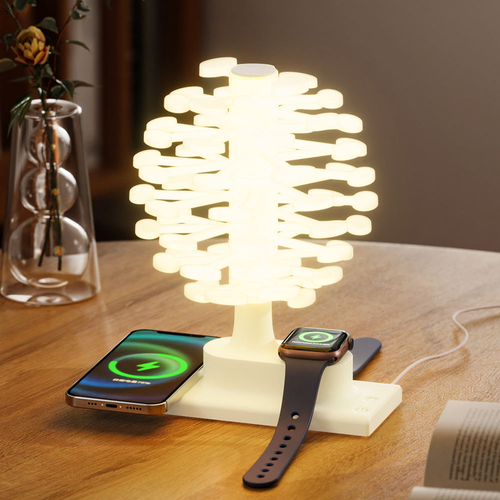 Creative spiral tree-shaped night light wireless charger, 360-degree rotation, supports smart fast charging.