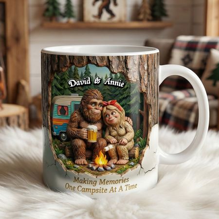 Funny Bigfoot Couple Mug - Personalised Camping Keepsake for Nature Lovers