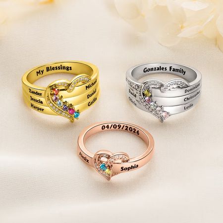Personalized 1-8 Birthstones Heart Design Ring with Engraved Names Family Jewelry Birthday Mother's Day Gift for Women