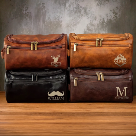 Custom Engraved Leather Toiletry Bag - Personalized Birthday Gifts For Dad, Brother, Grandpa, Husband - For The Man Who's Always On The Move
