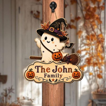 Personalized Halloween Ghost Family Name Sign, Witch Porch Decor, Fall Welcome Hanger