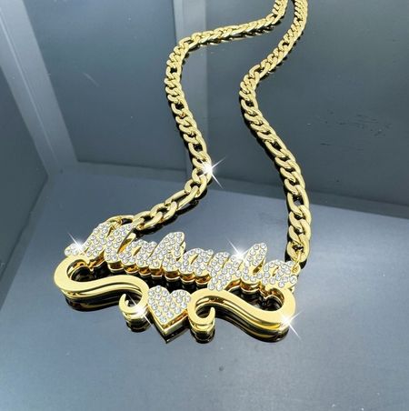 Custom Bling Name Necklace: Double Plate Heart Nameplate, Personalized Jewelry, Diamond Pave Gold Necklace