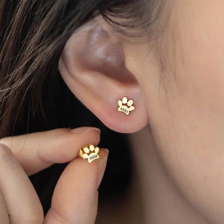 Personalized Paw Print Engraved Stud Earrings - Birthday Gift, Memorial Gift For Pet Lovers