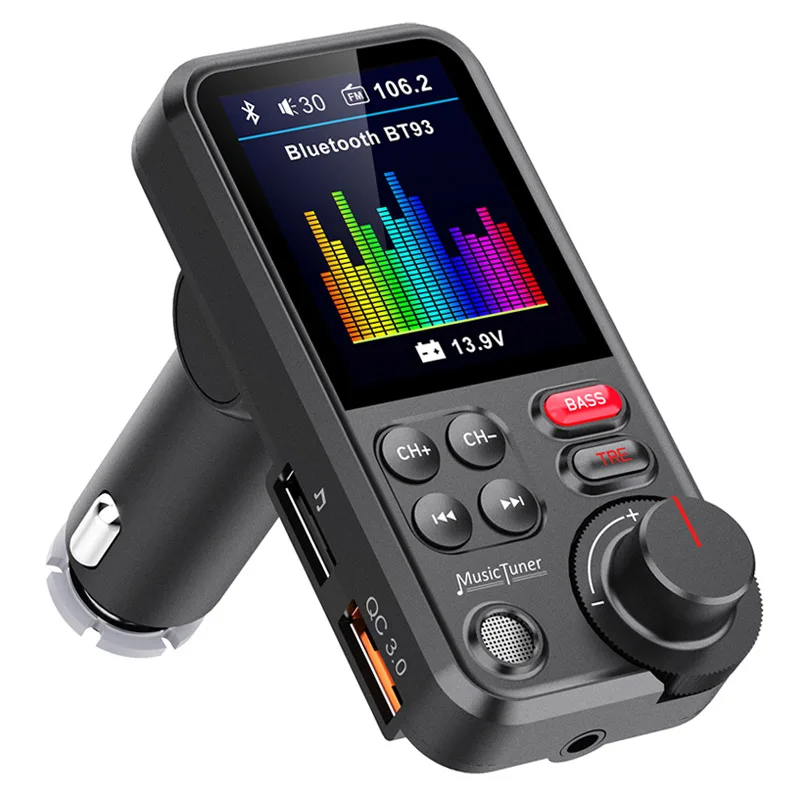 Transmissor FM para automóvel, kit mãos-livres sem fios, carregamento rápido, som agudo e grave, leitor de MP3 para automóvel, QC3.0, ecrã a cores de 1,8