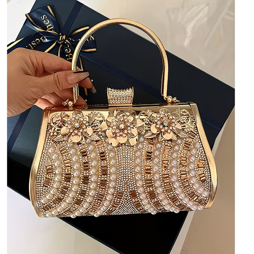 Luxury Gold Pearl Clutch Bag | Women's Embellished Evening Handbag for Party