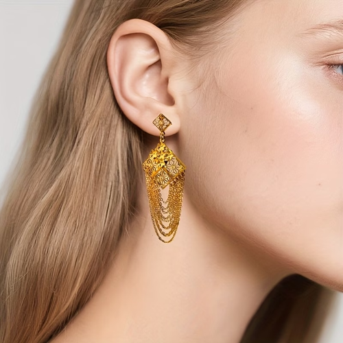 24k gold long tassel earrings, fashionable drop earrings, Middle Eastern Dubai Bohemian gold-plated earrings