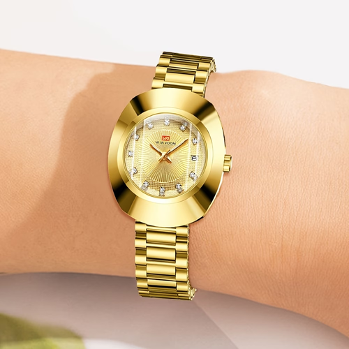 Stylish And Gorgeous Golden Watches for Men And Women, Charming Oval Dial, Rhinestone Scales, Fashionable Additions Suitable for Business, Leisure, Vacation, And Dating, Ideal Choice for Gifts