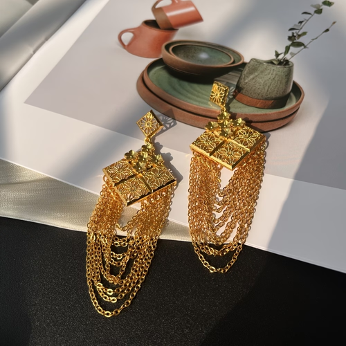 24k gold long tassel earrings, fashionable drop earrings, Middle Eastern Dubai Bohemian gold-plated earrings