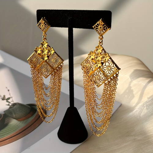 24k gold long tassel earrings, fashionable drop earrings, Middle Eastern Dubai Bohemian gold-plated earrings