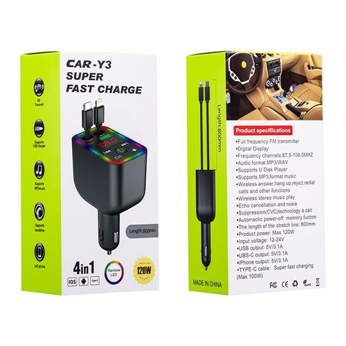 Y3 4-in-1 Retractable Car Charger 120W Fast Charging Bluetooth FM Transmitter LED Display USB Type-C Lightning Car Adapter for iPhone Android