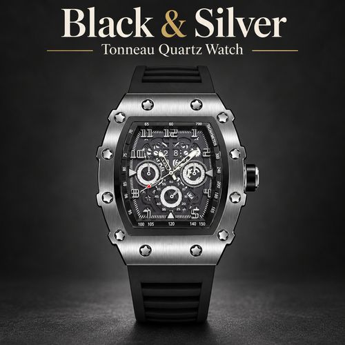 Tonneau Quartz Watch with Luminous Hands & Silicone Strap