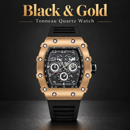 Tonneau Quartz Watch with Luminous Hands & Silicone Strap