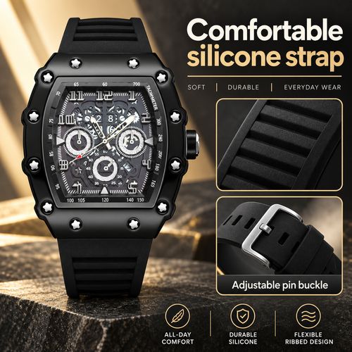Tonneau Quartz Watch with Luminous Hands & Silicone Strap