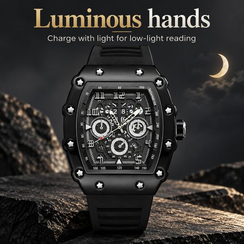 Tonneau Quartz Watch with Luminous Hands & Silicone Strap