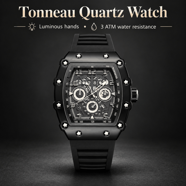 Tonneau Quartz Watch with Luminous Hands & Silicone Strap