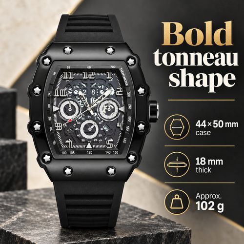Tonneau Quartz Watch with Luminous Hands & Silicone Strap