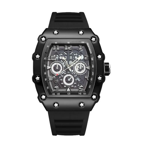 Tonneau Quartz Watch with Luminous Hands & Silicone Strap