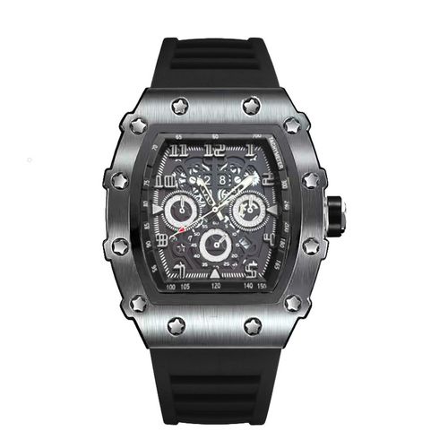 Tonneau Quartz Watch with Luminous Hands & Silicone Strap