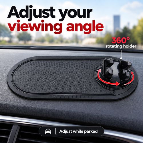 Car Phone Holder & Anti-Slip Dashboard Mat with 360° Rotating Cradle
