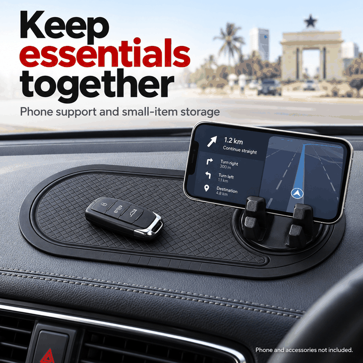 Car Phone Holder & Anti-Slip Dashboard Mat with 360° Rotating Cradle