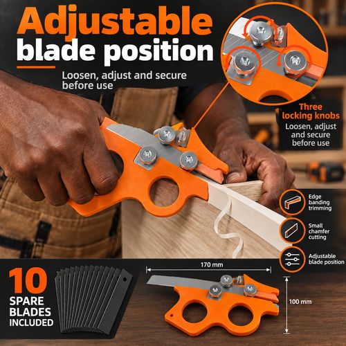 Dual-Use Edge Banding Trimmer & Chamfer Tool + 10 Spare Blades