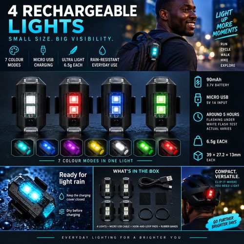 7-Colour Rechargeable Flash Lights - 4-Pack