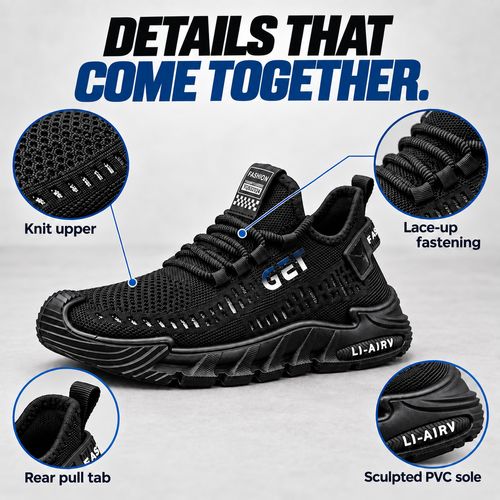 Black Breathable Knit Lace-Up Sneakers